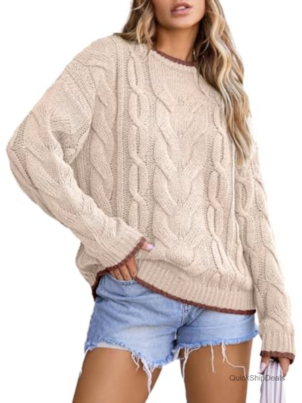 Cable Knit Chunky Pullover Sweater Crew Neck Long Sleeve Loose Fit